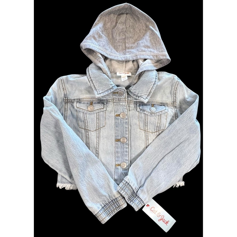 Cat & Jack Girls Gray Hooded Light Blue Denim Jean Jacket Size 6/7 Small